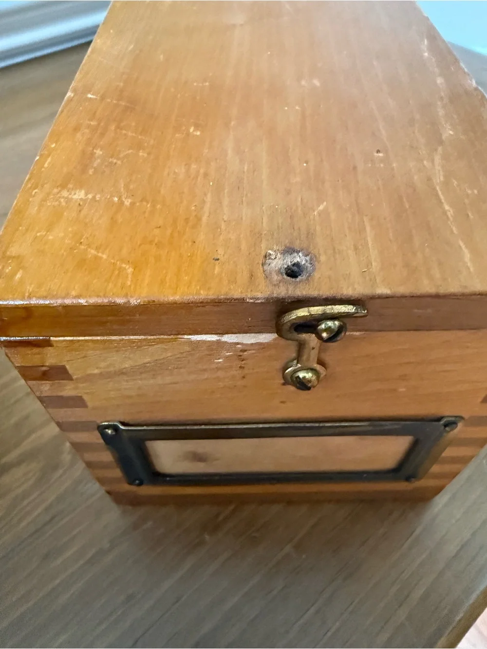Vintage Dovetailed Wooden Card Catalog Storage Box with brass hardware